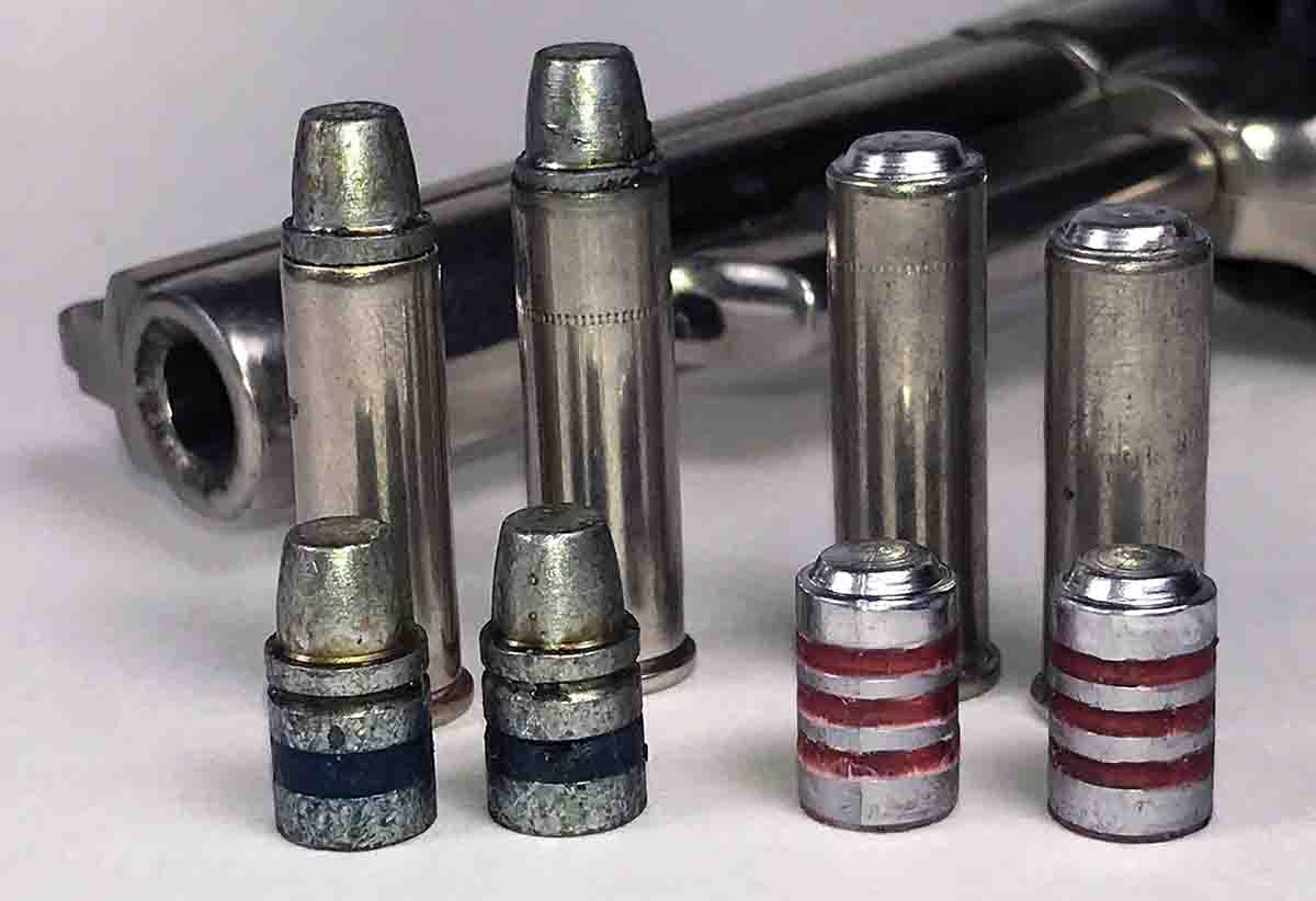 Bullets cast from an RCBS 38-150-SWC mould (left) were loaded and fired in .38 Special and .357 Magnum cases. Wadcutter bullets cast from NEI mould 150-358-WC are shown at right.